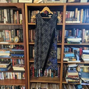 𝅺rebecca Taylor blue/black silk floral geometric pattern fringe dress sz 12 euc